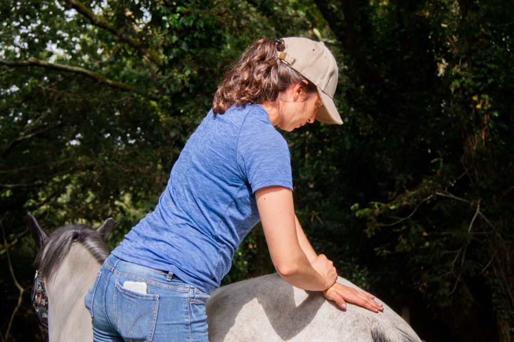 María realizando un ajuste quiropráctico a un caballo